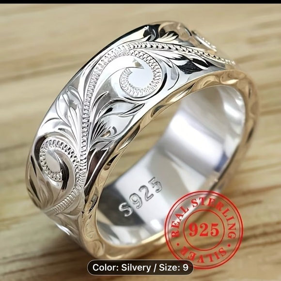 Jewelry - This is a sterling silver carved leaf hand-engraved men ring